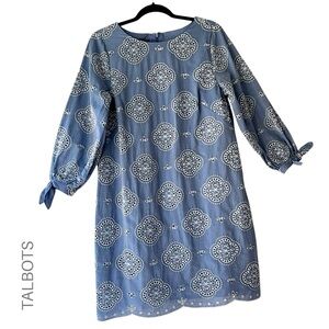 TALBOTS NWOT TIE SLEEVE EYELET CHAMBRAY COTTON DRESS EMBROIDERED LINED 10 PETITE